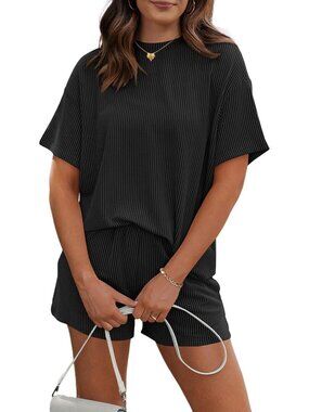 〽️Women's Shorts Set Black Short Sleeves 2 Piece Oversized Matching Tracksuit
